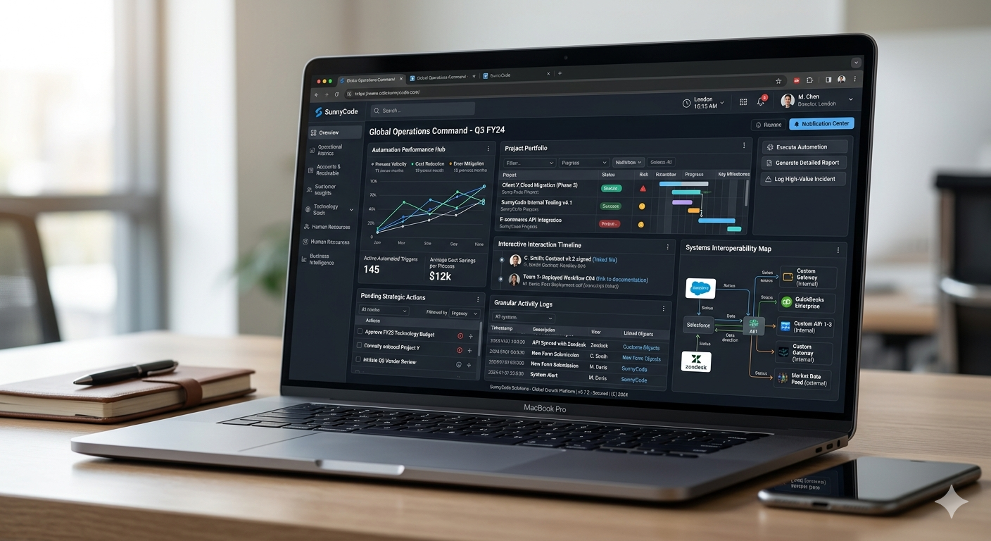 Software integration development dashboard showing connected APIs, databases, applications, workflows, and business systems