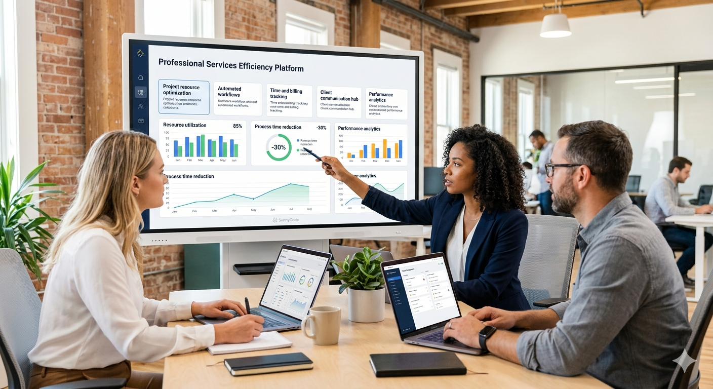 Professional services software solutions dashboard for workflow automation, resource utilization, billing, client communication, and performance analytics